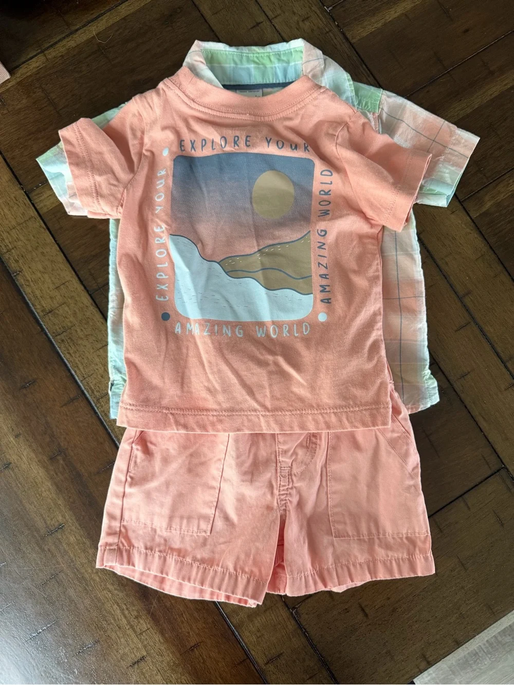 Carter's Peach Tee, Shorts & Pastel Plaid Button Shirt Set